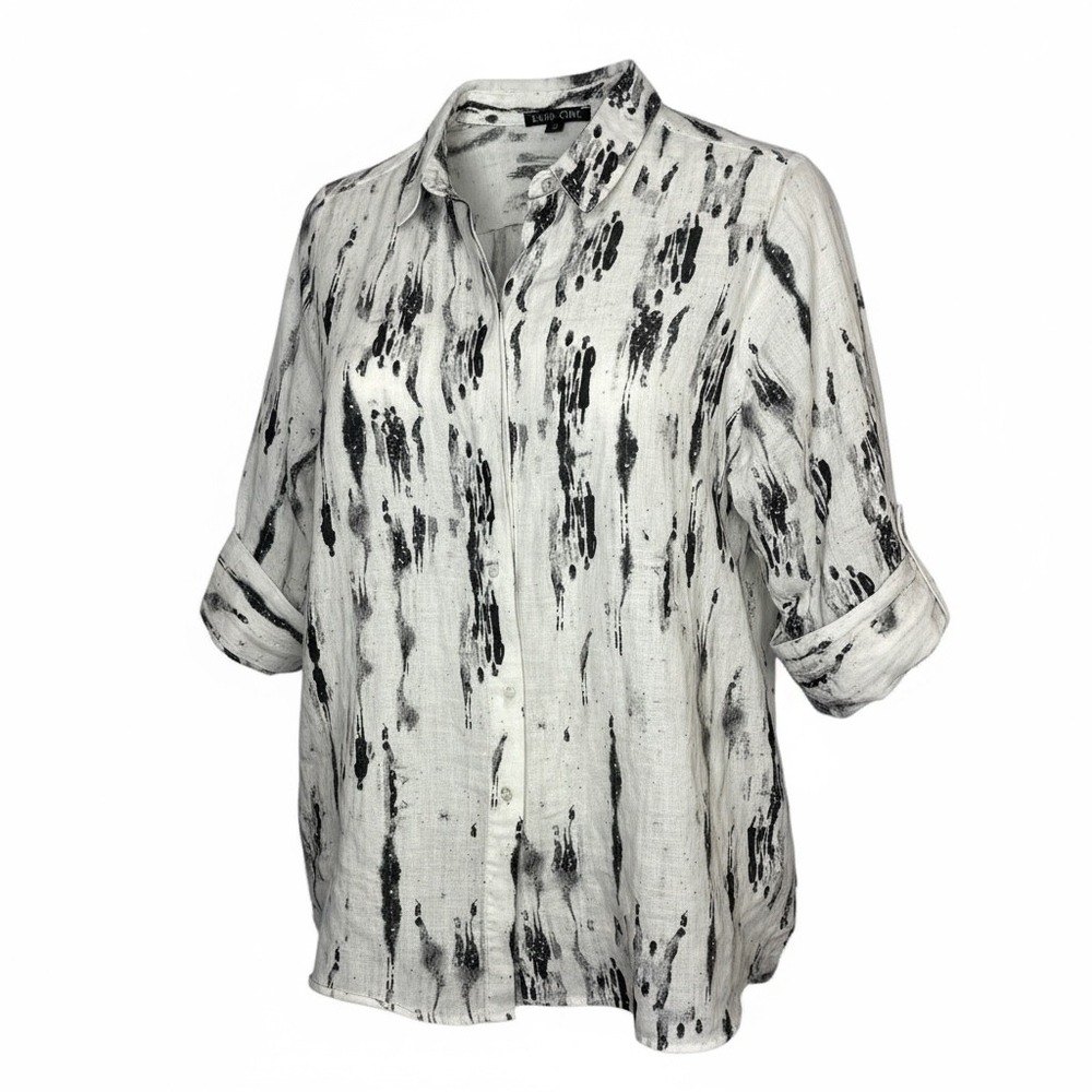 Boho Chic Linen Abstract Print Button‎ Down Shirt Black White Women Size Medium